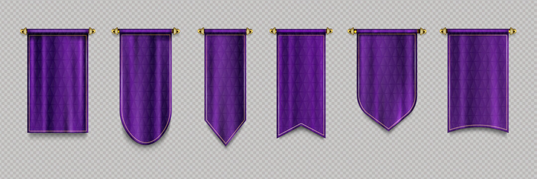 Purple pennant flags, quilt textile pendants for sport teams, varsity or heraldic symbols. Vector realistic template of blank hanging pennons on gold pin isolated on transparent background