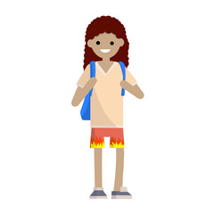 Young girl in a pink t-shirt, shorts and a backpack waving. Woman in summer sportswear. Student and traveler. Cartoon flat illustration