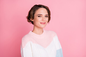 Fototapeta premium Photo portrait of cute smiling girl isolated on pastel pink colored background