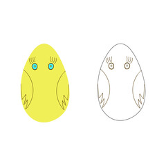A jpeg illustration of two colored chickens in the form of an egg isolated on white background. One chicken is colored, another is black and white. Designed as a coloring book page for adults and kids