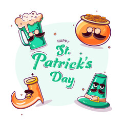 Happy St. Patrick's Day Font With Doodle Style Beer Mug, Treasure Pot, Leprechaun Hat And Shoes On White Background.