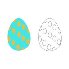 A jpeg illustration of two eggs ornamented with ellipses isolated on white background. One egg is colored turquoise and mustard, another is black and white. Designed as a coloring book page for adults