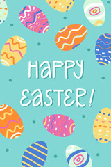 Greeting lettering Happy Easter, vertical stories banner. Decorated Easter eggs with brushstroke painting and confetti