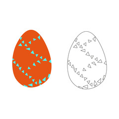 A vector illustration of two eggs ornamented with triangles s isolated on white background. One egg is colored orange and turquoise, another is black and white. Designed as a coloring book page