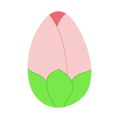 A jpeg illustration of a colored tulip in the form of an egg isolated on white background. Designed in pink, red, green colors for prints, wraps, background.