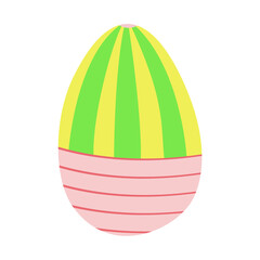 An egg with a colorful stripes ornament isolated on white background. A jpeg illustration in pinkish, green, yellow designed for prints, textile, wraps for adults and kids.