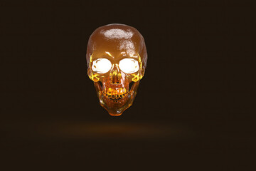 Shiny scary skull glowing in dark background, 3D render