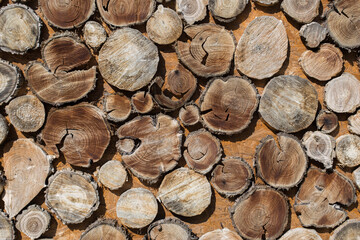 Stacked firewood close-up. Firewood storage close up. Stocks of wooden logs close-up. Chopping wood. Logging in the village.