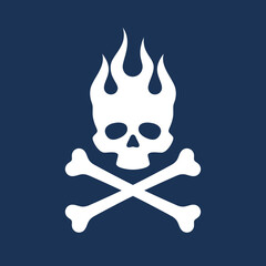 Vector white pirate symbol burning skull with crossbones. Dark blue background.