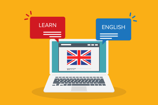 Learn English Online On Laptop Computer. Study, Education Of Foreign Language Lesson. Internet Learning Course. Vector Illustration.