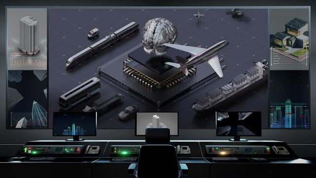 Various transportation controlled by artificial intelligence digital brain. Smart transportation concept with AI brain in main traffic control center. 4k animation.