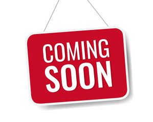 Red Signboard Coming Soon White background With Gradient Mesh, Vector Illustration