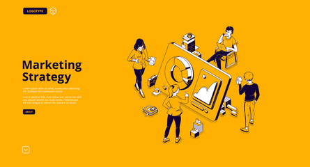 Marketing strategy isometric landing page. Tiny business people around huge digital device with data graphs and charts. Online trading, investment, automation technology, 3d vector line art web banner