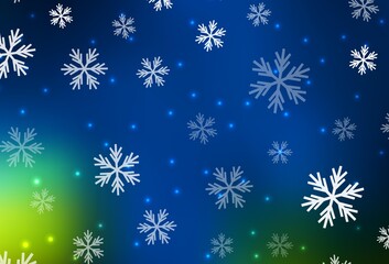 Dark Blue, Green vector layout with bright snowflakes, stars.