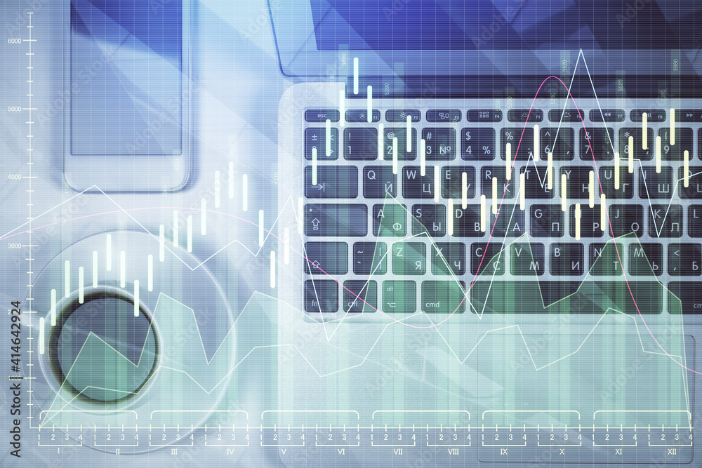 Aufkleber stock market chart and top view computer on the table background. multi exposure. concept of financi