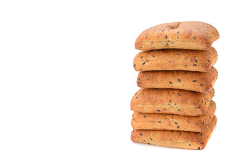 Oatmeal bread with flax seeds is isolated on a white background.Selective focus.