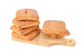 Oatmeal bread with flax seeds is isolated on a white background.Selective focus.