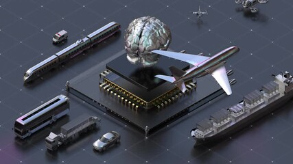 Various transportation controlled by artificial intelligence digital brain. Smart transportation concept with AI brain in the center. 4k animation. - Powered by Adobe