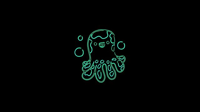 Glowing neon line Octopus icon isolated on black background. 4K Video motion graphic animation
