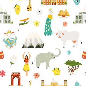 Seamless pattern with famous symbols, landmarks, animals of India.