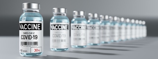 Many covid-19 / SARS-CoV-2 / coronavirus vaccine ampoules, selective focus - 3D illustration - obrazy, fototapety, plakaty