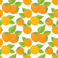 Seamless background with persimmon. Vector bright ripe persimmon fruits with leaves. Repeat the whole persimmon and halves.
