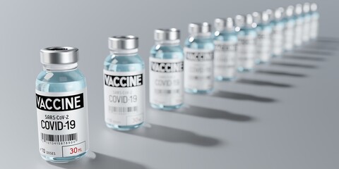 Many covid-19 / SARS-CoV-2 / coronavirus vaccine ampoules, selective focus - 3D illustration