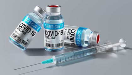 Covid-19 / SARS-CoV-2 / coronavirus vaccine ampoules and syringe - 3D illustration