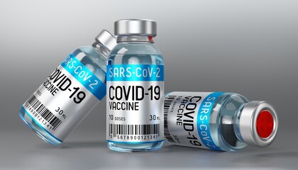 Three covid-19 / SARS-CoV-2 / coronavirus vaccine ampoules isolated on grey background - 3D illustration