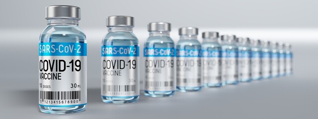 Many covid-19 / SARS-CoV-2 / coronavirus vaccine ampoules, selective focus - 3D illustration
