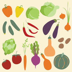 Vector set of vegetables drawn by hand. Isolated vegetables on a white background. Sketch vector illustration of colored food drawings for cooking book, menu, packaging, farming market.