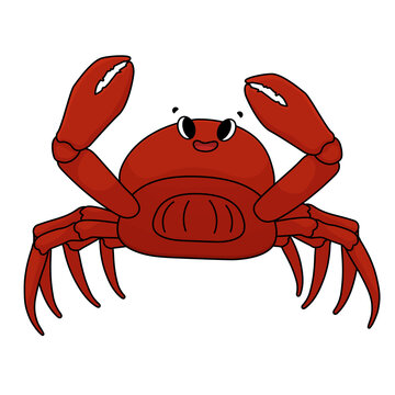 Red crab is smiling, claws are apart at the top, crustacean has a positive attitude. Cartoon outline Vector doodle isolated animal on white background.