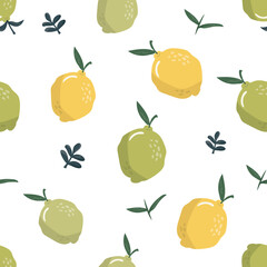 Summer seamless pattern with lemons and leaves isolated on white. Sweet tropical background for textile, fabric, decorative paper. Vector