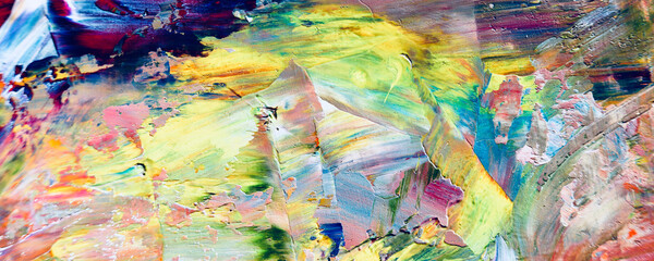 Bunter abstrakter Malereihintergrund. . Flüssige Tinte Farbtextur. Intensive Multicolor-Mischung aus lebendigen Ölfarben. Malen Sie Pinselstriche auf Leinwand für trendige Postertapeten © Valeriy