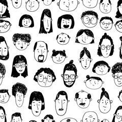 Black and white seamless pattern with peoples faces. Sketch. Hand-drawn graphics. Line art. Different men and women. Cartoon characters. Vector illustration
