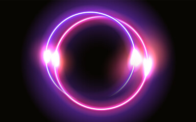 Abstract fantastic background with neon glow round frame and shiny light space portal into another dimension. Fluorescent space border.