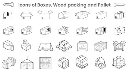Illustration icons of Boxes Wood packing and Pallet