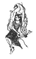 Demon girl in a fire. Ink sketch.