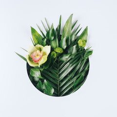 Creative minimal arrangement with green palm leaves and orchid flower on bright white background. Creative nature or spring bloom concept. Flat lay, top view.