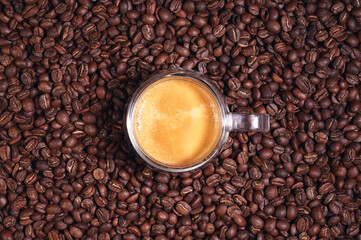 Freshly brewed espresso cup over a background of roasted coffee beans