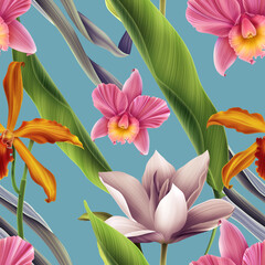 Colourful Seamless Pattern with tropic flowers and leaves.