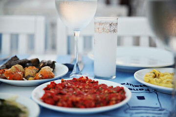 Appetizers and raki from a Turkish restaurant