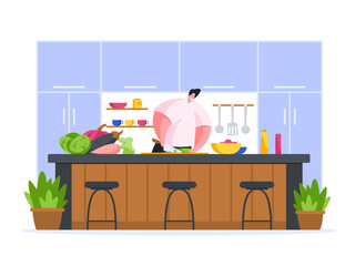 Chef cooking in restaurant kitchen flat vector illustration. Male character professionally slices an exotic vegetable salad.