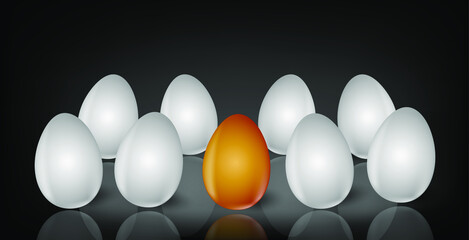 A group of white and one gold eggs on black. Easter poster and banner template. Realistic
 3d vector illustration. Liadership, difference and standing out of crowd concept