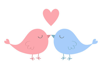 Bird couple set. Cute heart. Pink and blue color. Love Greeting card. Happy Valentines Day. Sticker print. Cartoon kawaii funny baby character. Flat design. White background. Isolated.