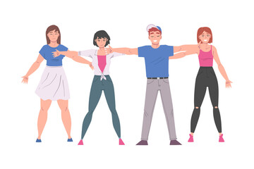People Standing Together Embracing Each Other, Friendship, Solidarity, Cooperation and Help Between People Cartoon Style Vector Illustration