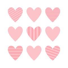 Pink heart icon set. Cute line pattern. Happy Valentines day sign symbol simple template. Love greeting card. Decoration element. Square composition.White background. Isolated. Flat design