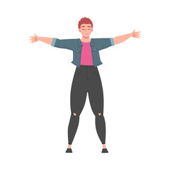 Young Woman Standing with her Arms Outstretched, Welcome, Solidarity, Friendship and Charity Concept Cartoon Style Vector Illustration