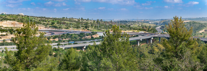High way and settlments of Judea and Sumaria area at Green Line. West Bank, Israel.