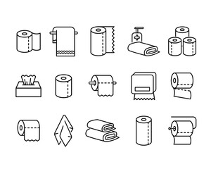 Paper towels flat icon set. Pictogram for web. Line stroke. Isolated on white background. Vector eps10